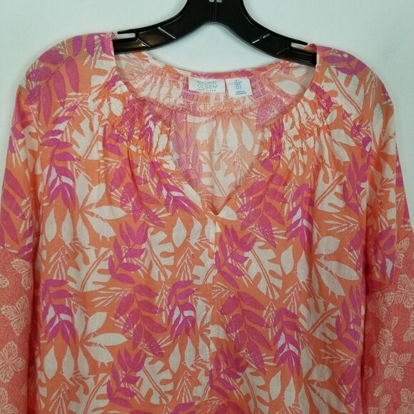 Sigrid Olsen Women Linen Mix Print Smocked Neck Peasant Top Sz S Blouse Beach - Picture 2 of 6